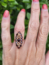 Load image into Gallery viewer, A7643: Antique: Art Deco 18ct Gold 13 Garnets Geometric Statement Ring- rich red hues
