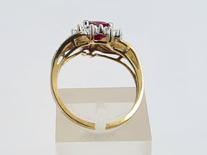 A7726: Vintage: 9ct Gold Heart Cut Ruby Diamonds Dress Ring- cute, sparkly, lovely combination