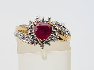 A7726: Vintage: 9ct Gold Heart Cut Ruby Diamonds Dress Ring- cute, sparkly, lovely combination