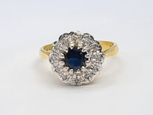 Cargar imagen en el visor de la galería, A7744: Vintage: (1978): 18ct Gold French Blue Sapphire 12 Diamonds Cluster Ring- Super sparkling eye candy
