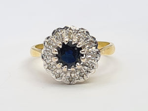 A7744: Vintage: (1978): 18ct Gold French Blue Sapphire 12 Diamonds Cluster Ring- Super sparkling eye candy