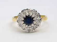 Cargar imagen en el visor de la galería, A7744: Vintage: (1978): 18ct Gold French Blue Sapphire 12 Diamonds Cluster Ring- Super sparkling eye candy
