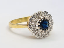 Cargar imagen en el visor de la galería, A7744: Vintage: (1978): 18ct Gold French Blue Sapphire 12 Diamonds Cluster Ring- Super sparkling eye candy
