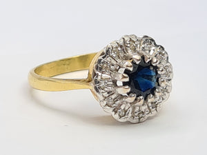 A7744: Vintage: (1978): 18ct Gold French Blue Sapphire 12 Diamonds Cluster Ring- Super sparkling eye candy