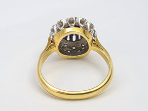 A7744: Vintage: (1978): 18ct Gold French Blue Sapphire 12 Diamonds Cluster Ring- Super sparkling eye candy