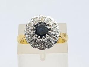 A7744: Vintage: (1978): 18ct Gold French Blue Sapphire 12 Diamonds Cluster Ring- Super sparkling eye candy