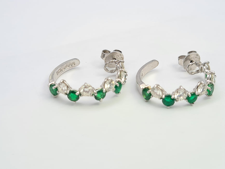 2914: Vintage (1975) Exceptional 18ct White Gold Emeralds Diamonds Hoop Earrings- elegance personified
