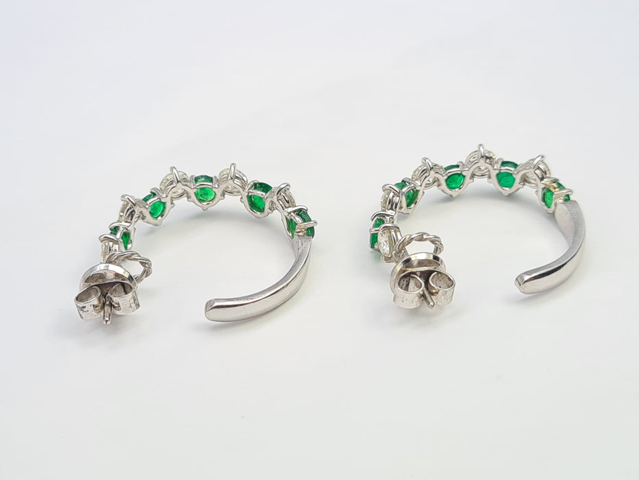 2914: Vintage (1975) Exceptional 18ct White Gold Emeralds Diamonds Hoop Earrings- elegance personified