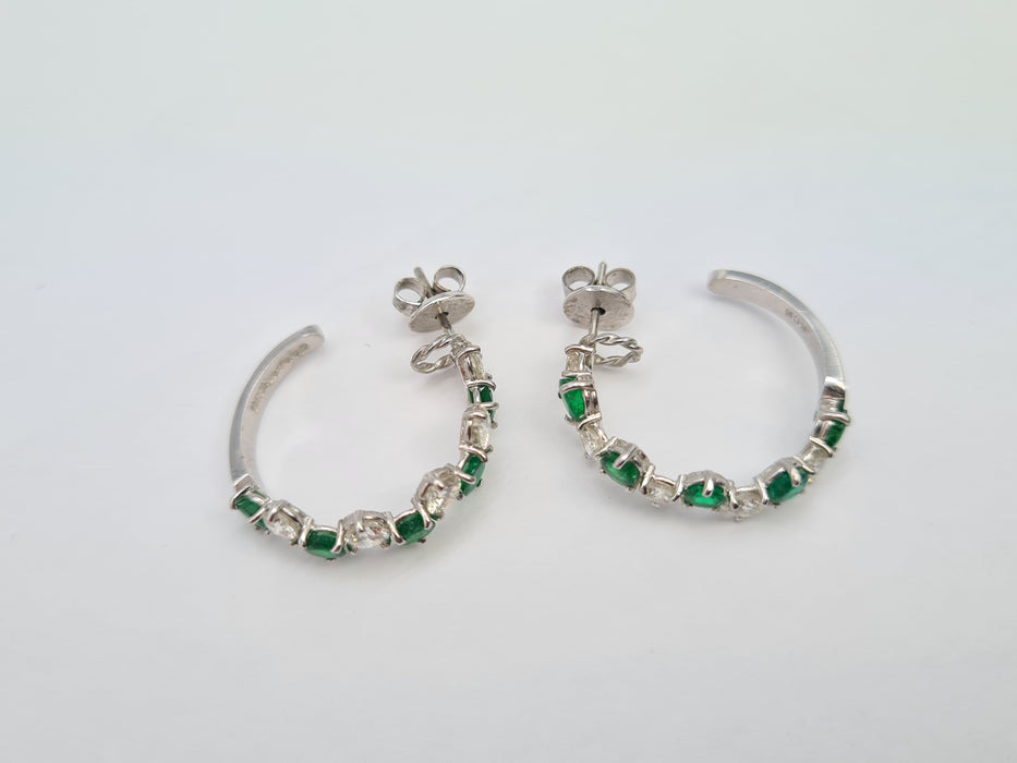 2914: Vintage (1975) Exceptional 18ct White Gold Emeralds Diamonds Hoop Earrings- elegance personified