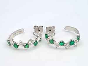 9042: Vintage (1975) Exceptional 18ct White Gold Emeralds Diamonds Hoop Earrings- Outrageous beauty