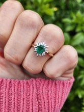 Load image into Gallery viewer, A7701: Vintage: petite, Vivid 18ct Gold Emerald 8 Diamonds &quot;Starburst&quot; Ring- lovely example of a timeless classic
