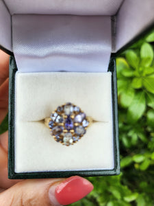 7667: Vintage & Rare 9ct Gold Mixed Blue Tanzanites Flower Head Ring- exquisite, statement