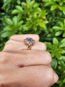 7667: Vintage & Rare 9ct Gold Mixed Blue Tanzanites Flower Head Ring- exquisite, statement