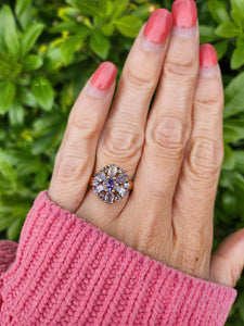 7667: Vintage & Rare 9ct Gold Mixed Blue Tanzanites Flower Head Ring- exquisite, statement