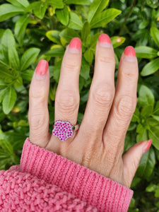 A7737: Vintage: Exquisite 18 White Gold 65 Pink Rubies Cocktail Ring- elegant sophistication