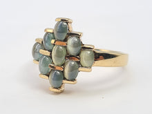 Load image into Gallery viewer, A7761: Vintage: 9ct Gold 9 Chrysoberyl Cats Eyes Geometric Set Ring- a rare find
