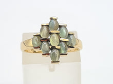 Load image into Gallery viewer, A7761: Vintage: 9ct Gold 9 Chrysoberyl Cats Eyes Geometric Set Ring- a rare find
