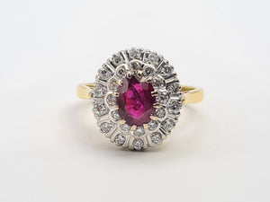 A9046: Vintage; Exceptional 18ct Gold Ruby Diamonds Double Halo Cluster- total eye candy