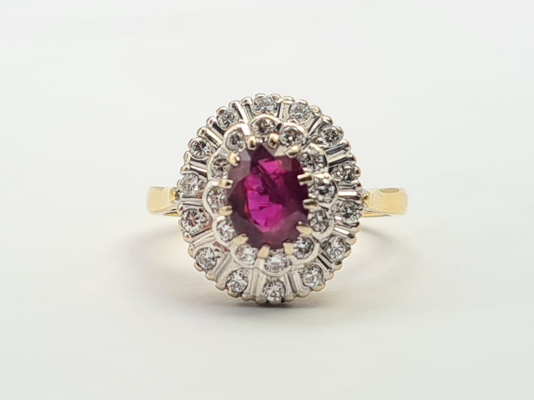 A9046: Vintage; Exceptional 18ct Gold Ruby Diamonds Double Halo Cluster- total eye candy