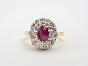 A9046: Vintage; Exceptional 18ct Gold Ruby Diamonds Double Halo Cluster- total eye candy