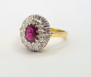 A9046: Vintage; Exceptional 18ct Gold Ruby Diamonds Double Halo Cluster- total eye candy