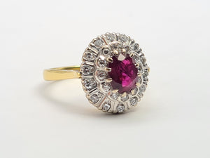 A9046: Vintage; Exceptional 18ct Gold Ruby Diamonds Double Halo Cluster- total eye candy