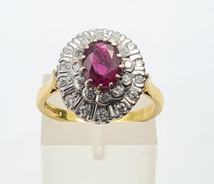 A9046: Vintage; Exceptional 18ct Gold Ruby Diamonds Double Halo Cluster- total eye candy