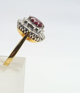 A9046: Vintage; Exceptional 18ct Gold Ruby Diamonds Double Halo Cluster- total eye candy