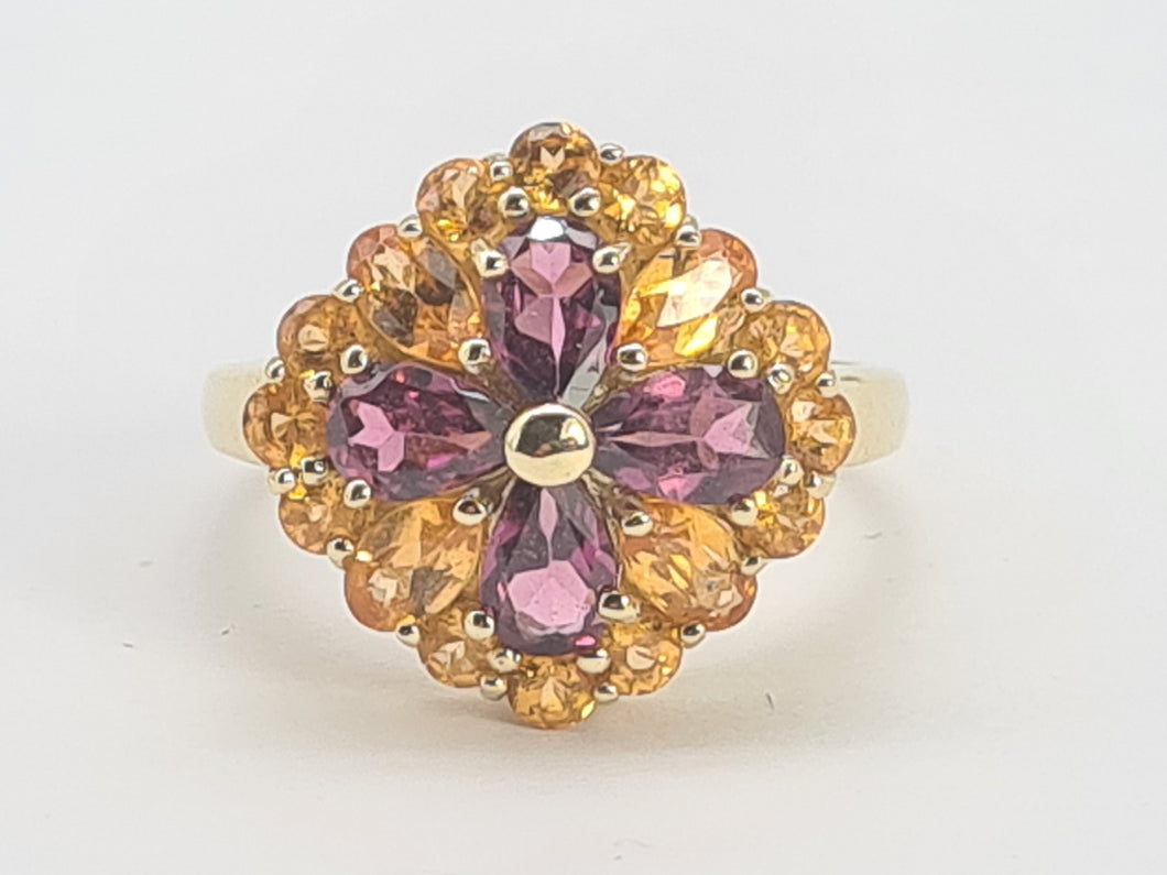 7767: Vintage Fabulous 9ct Gold Almandine Garnets Amarillo Citrines Cocktail Ring- beautiful colour combination