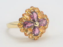 Cargar imagen en el visor de la galería, 7767: Vintage Fabulous 9ct Gold Almandine Garnets Amarillo Citrines Cocktail Ring- beautiful colour combination
