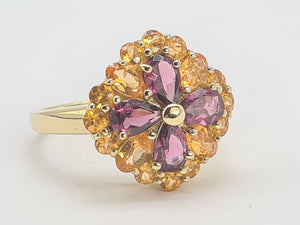 7767: Vintage Fabulous 9ct Gold Almandine Garnets Amarillo Citrines Cocktail Ring- beautiful colour combination