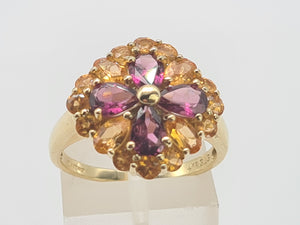 7767: Vintage Fabulous 9ct Gold Almandine Garnets Amarillo Citrines Cocktail Ring- beautiful colour combination