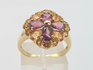 7767: Vintage Fabulous 9ct Gold Almandine Garnets Amarillo Citrines Cocktail Ring- beautiful colour combination