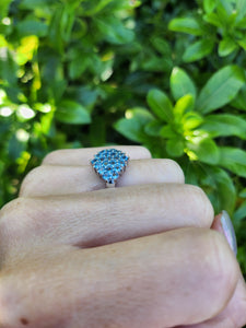 A7697: Vintage & Rare: 9ct White Gold 23 Blue Aquamarines geometric Set Cocktail Ring- a sensation