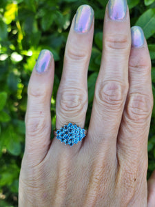 A7697: Vintage & Rare: 9ct White Gold 23 Blue Aquamarines geometric Set Cocktail Ring- a sensation