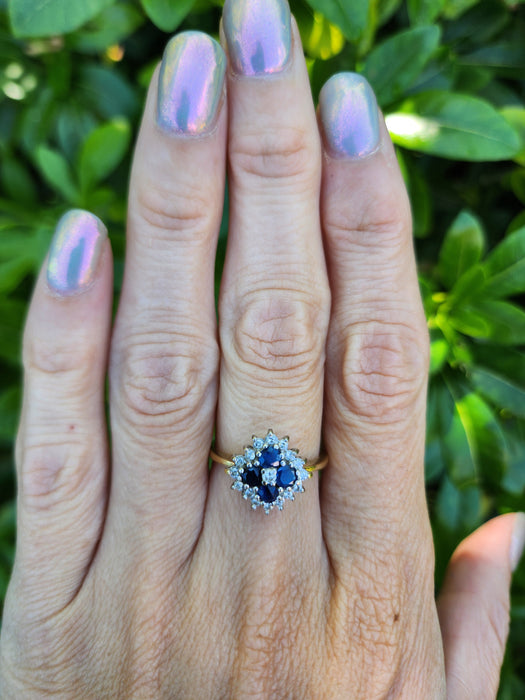 6142 Vintage 18ct Gold French Blue Sapphires Diamonds Geometric Set Ring