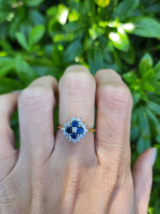 6142 Vintage 18ct Gold French Blue Sapphires Diamonds Geometric Set Ring