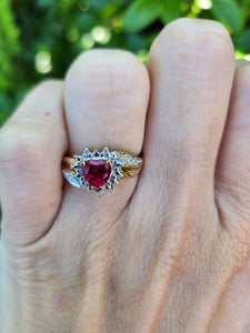 A7726: Vintage: 9ct Gold Heart Cut Ruby Diamonds Dress Ring- cute, sparkly, lovely combination