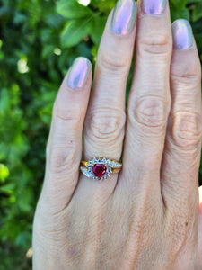 A7726: Vintage: 9ct Gold Heart Cut Ruby Diamonds Dress Ring- cute, sparkly, lovely combination