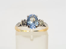 Load image into Gallery viewer, A7716: Vintage; 18ct Gold Platinum Set Blue Aquamarine Twin Diamonds Ring- old and beautiful
