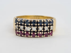 8002: Vintage; 18ct Gold Sapphires, Rubies, Diamonds Precious Gemstones Ring - Striking eye candy,