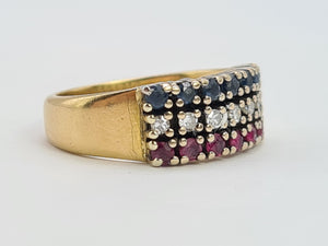 8002: Vintage; 18ct Gold Sapphires, Rubies, Diamonds Precious Gemstones Ring - Striking eye candy,