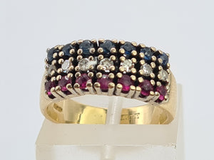 8002: Vintage; 18ct Gold Sapphires, Rubies, Diamonds Precious Gemstones Ring - Striking eye candy,