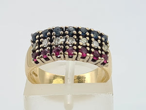 8002: Vintage; 18ct Gold Sapphires, Rubies, Diamonds Precious Gemstones Ring - Striking eye candy,