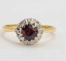 Load image into Gallery viewer, A8015: Vintage (1962) 18ct Gold Almandine Garnet 12 Round Cut Diamonds Daisy Ring- 62 years old and looking great
