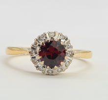 Load image into Gallery viewer, A8015: Vintage (1962) 18ct Gold Almandine Garnet 12 Round Cut Diamonds Daisy Ring- 62 years old and looking great
