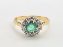 Load image into Gallery viewer, A8018: Vintage; 18ct Gold Round Cut Emerald 10 Diamonds Daisy Ring- petite, refined, sophisticated
