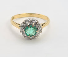 Load image into Gallery viewer, A8018: Vintage; 18ct Gold Round Cut Emerald 10 Diamonds Daisy Ring- petite, refined, sophisticated
