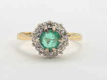 Load image into Gallery viewer, A8018: Vintage; 18ct Gold Round Cut Emerald 10 Diamonds Daisy Ring- petite, refined, sophisticated
