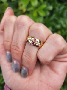 3250: Antique 1890: 15ct Gold Rubies Pearls Dress Ring- 134 years old